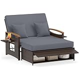 COSTWAY Polyrattan Sonnenliege, Gartenliege mit Verstellbarer Rückenlehne & ausklappbarem Seitenablage, Loungebett, Doppelliege mit Auflage, Gartensofa mit Liegefunktion für Garten, Balkon (Grau)