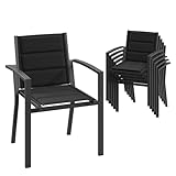 JUMMICO Garten Stapelstühle mit Armlehnen, Aluminium Outdoor Garten Stühle mit Baumwollsitz für Balkon, Terrasse, Garten - Set aus 6 Stück, DunkelGrau