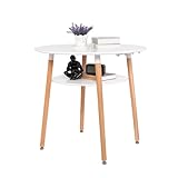 H.J WeDo Runder Esstisch Weiß - 80cm Kompakttisch Küchentisch Esszimmertisch mit offener Ablage & Buchenholz-Tischbeinen, Platzsparend für 2-4 Personen