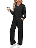 REORIA Damen V-Ausschnitt Jogginganzug Zweiteiler Trainingsanzug Hausanzug Sport Set Elegantes Outfit Lounge Set Schwarz M