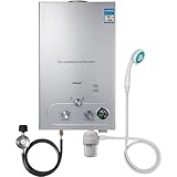 LPG Flüssiggas-Durchlauferhitzer, 18 L, 36 kW, LPG, tankloser Warmwasserbereiter mit verzinktem Duschkopf und Duschschlauch, für Bad/Küche/Wohnmobil (Silber, 18 L)