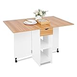 Mondeer Esstisch Klappbar, Küchentisch mit Schublade und Ablagen für 2-4 Personen, Klapptisch Esszimmertisch mit Rollen für Kleine Räume, Esszimmer, Küche, 72 x 120 x 75 cm, Weiß und Roteiche