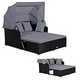 LIFEZEAL Sonnenliege Set Poly Rattan, Sonneninsel Gartenlounge mit Klappdach & 2 Teetischplatte, Gartenmuschel mit Kissen, Doppel Gartenliege belastung 360 KG, Polyrattan Lounge Outdoor (Grau)