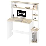 eSituro Schreibtisch, Computertisch mit Regal, 5-stufiges Bücherregal, Bürotisch weiß Eiche, Gamingtisch mit Stauraum, PC Tisch, für Home Office Büro Wohnzimmer, 113,5x139x45 cm