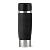 EMSA Travel Mug, Grande Thermobecher, 0,50 L Fassungsvermögen, Doppelwandige Vakuumisolierung, 6 Stunden Heiß, 12 Stunden Kalt, 360° Trinken, Soft-Touch Silikonhülle, Edelstahl, Black, 515615