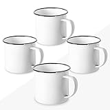 FUN FAN LINE - 4er-Set Retro-Emaillebecher aus Metall, Weiß | Hohe Vintage-Frühstücksbecher mit 380ml Volumen | Originelle Tasse für Kaffee, Tee | Das perfekte Tassen-Set als Geschenkidee