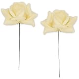 Kunstrosen-Blüten mit Stiel als künstliche Deko-Rosen aus Wachs - 2 creme-weiss Rosenblüten wie echt für Blumengestecke Blumen-Dekoration - Wachsrosen als Kunstrosen Friedhof Grabschmuck