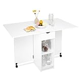 Mondeer Esstisch Klappbar, Küchentisch mit Schublade und Ablagen für 2-4 Personen, Klapptisch Esszimmertisch mit Rollen für Kleine Räume, Esszimmer, Küche, 72 x 120 x 75 cm, Weiß