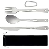 XYFuuee Titanium Camping Utensils Set of 3 Ultralight Titan Spoon Fork Knife, Outdoor Hiking Trekking Travel Cutlery Besteck with Carry Bag
