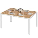 LIFERUN Wetterfest Gartentisch Groß, 140x90x75 cm Aluminium Terrassentisch mit WPC Tischplatte, Rechteckiger Esstisch Outdoor für 6 Personen, Stabiler Garten Terrasse o Balkon Tisch, Weiß+Teak