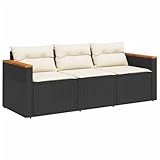 vidaXL Gartensofa 3-Sitzer, Loungesofa Sofa mit mit Kissen, Sitzgruppe Stahlrahmen, Gartenmöbel Lounge Rattanmöbel, Schwarz Poly Rattan