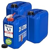 plasteo® 3x 25 Liter Getränke Wasserkanister mit 1 Hahn und 3 Schraubdeckel (DIN 61) | Lebensmittelecht | BPA Frei | Tragbar | Indoor und Outdoor | Blau