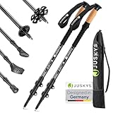Juskys Nordic Walking Stöcke - 2 Alu Teleskop Wanderstöcke, leicht & ausziehbar, Damen & Herren, mit Gummipuffer & Tasche, Kork Griff - Schwarz