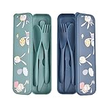 Besteck Set 2 Personen mit Süßes Kaninchenmuster, Campingbesteck & Reisebesteck - Robust, Tragbar und Wiederverwendbar, Reisebesteck mit Etui für Camping Geburtstagsfeier Schule Arbeiten (Blau + Grün)