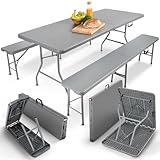 Arebos Bierzeltgarnitur 3-teilig Set Tisch + 2 x Bank | Festzeltgarnitur für drinnen - draußen | Biertisch Set | Zusammenklappbar & mit Tragegriff Campingtisch | Anthrazit