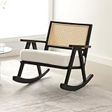 chairus Gepolsterter Schaukelstuhl für Wohnzimmer Kunstfell Relaxsessel mit Rückenlehne aus Rattan Schaukelsessel mit Massivholzbeinen für Schlafzimmer (Schwarz)
