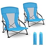 Yigowyigo 2pcs Klappstrandstuhl Niedrig, Leicht Strandstuhl Klappbar, Atmungsaktives Gewebe Strandstühle- Campingstuhl Faltbar mit Tragetasche- Trägt bis 100kg, für Picknick Strand Garten (2pcs Blau)
