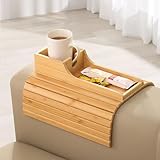 CIGAA Natural Bamboo Sofa Armlehnenablage, Sofaablage Tisch für Couch, Sofa Armlehne Tablett Tisch Anti-Rutsch Sofatisch, Couch Getränkehalter für Snacks, Handy, Steuerung, Tassen