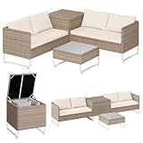 STEELSØN Polyrattan Sitzgruppe mit Aufbewahrungsbox Alniyat, Gartenmöbel Set mit 2X Gartenbank, 1x Tisch, Rattan Lounge für den Garten für 4 Personen beige