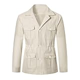 Betusline Herren Safari-Leinenjacke, lässig, langärmelig, Militär, leicht, Cargojacke mit Taschen, Beige, XL