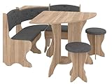 Rodnik Eckbankgruppe Bayar, 4-teiliges Set mit Eckbank, Viertelkreistisch und 2 Hockern, Sonoma Eiche/Grau, Modern (Möbel-Polsterstoff, Sonoma Eiche)