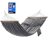 SONGMICS Hängematte, Outdoor, mit 2 Holzstangen, mit 2 Kissen, bis zu 300 kg belastbar, 210 x 150 cm, grau GDC022G01