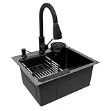 Spüle Schwarz Spülbecken Schwarz 40x45cm Einbauspüle X-förmige Leitlinie Waschbecken Küche Küchenspüle inkl Ausziehbare Wasserhahn, Tassenspüler, Abtropfkorb und Seifenspender