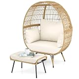 LIFEZEAL Eierstuhl Rattan, Korbsessel mit Kissen, Gartenliege Rattansessel Ei-Form mit Metallrahmen, Rattanstuhl für Terrasse, Hinterhof, Wohnzimmer, Belastbar bis 205 kg (Mit Hocker, Gelb)