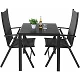 LIFERUN 3-Teiliges Gartenmöbel Set, Aluminium Balkonmöbel Set, 2pcs Verstellbare Hochlehner Klappstühle + 1 WPC Quadratisch Tisch, Essgruppe Sitzgruppe Outdoor, Wetterfest, Schwarz