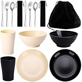Kyraton Camping Besteck Set, wiederverwendbarer Leichter Becher, Schalen, Teller und Edelstahlbesteck mit schwarzer Tasche, spülmaschinenfest