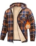 heekpek Fleecejacke Herren Hemdjacke Karierte Winter Kapuzenpullover Herren mit Reißverschluss Warme Kapuzenjacke Fleecefutter Hoodie Winterjacke Gefütterte Sweatjacke, Orange, XL