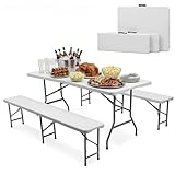 Sekey Kunststoff Bierzeltgarnitur Klappbar, Tisch + 2 x Bank mit Tragegriffe Biertischgarnitur, Gartenmöbel Set 180cm, Festzeltgarnitur für drinnen - draußen, Biertisch Set Garten (Weiß)