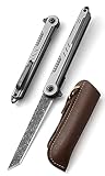 DRACHENADER Klein Damast Taschenmesser Tanto mit Tasche Einhandmesser Klappmesser Damaststahl Clip, Leicht Schmal