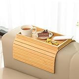 GEHE Natürlicher Bambus Sofa-Armlehnentablett, Antirutsch-Tisch für Couch, Getränkehalter für Snacks, Telefon, Fernbedienung, Flexibel und Faltbar, Bambus