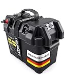 Miganeo Batteriebox für Bootsmotor & Außenborder mit Elektromotor - Battery Box für 12V Batterie bis 100Ah - mit LED Batterieanzeige & USB Anschluss - Batteriekasten für Boot, Wohnmobil & Camping