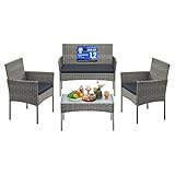 SONGMICS Gartenmöbel-Set, 4-teilig, Balkonmöbel aus PE-Polyrattan, Tisch, 2 Stühle, 2-Sitzer-Bank, Lounge-Möbel Outdoor, Terrassenmöbel, für Terrasse, Balkon, grau GGF004TZ01