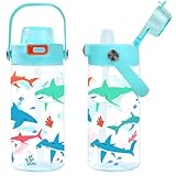 Queenshin Tritan Trinkflasche Kinder 600ml, Kindertrinkflaschen mit Strohhalm Tragegriff BPA-frei Auslaufsicher Flip-Top-Deckel Sicherheitsschloss Geschenk für Jungen Schule Sport Reisen (Hai)
