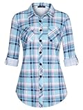 DJT Damen Weiches Gestrick Karierte Bluse Langarm Oberteile Roll Up Ärmel Hemdbluse Tunika Button Down Blusen Top Hellblaues Kariertes L