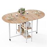 Mondeer Mobiler Klappbarer Esstisch, Klapptisch mit 2 Offenen Ablagen, Rundes Kanten Design, Kleine Räume Esszimmer Küche, 140 x 80 x 75 cm, Eiche und Weiß