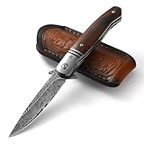 DRACHENADER Taschenmesser Damaststahl, Klappmesser aus Damaststahl (33+1+33) 67 Lagen, Einhandmesser mit Clip und Nylonetui, Holzgriff, Geschenk für Camping Wandern