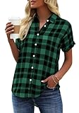 GeGekoko Damen Kariert Bluse Kurzarm Oberteile Casual Lose V-Ausschnitt Hemdbluse zum Knöpfen Summer Tunika T-Shirt Tops