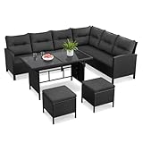Yaheetech Polyrattan Lounge inkl. Ecksofa, Esstisch, 2 Hocker & Kissen bis 7 Personen, Wetterfest Gartenmöbel Set Rattan Sitzgruppe Gartenlounge Essgruppe für Garten Balkon Terrasse, Schwarz & Grau