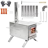 unho Zeltofen Gartenofen Tragbarer Holzofen, Campingherde Edelstahl Holzkocher mit 7 Rohren und Rohrbogen, Ideal für Camping im Zelt, Outdoor-Kochen und Gartenaktivitäten, 32,5 x 33,5 x 210 cm