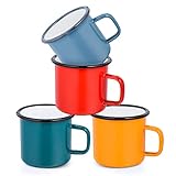 Joyfair Emaille Tasse 4er-Set, 350ml Rot/Blau/Grün/Gelb Kaffeebecher, Porzellan Kaffeetassen Teetassen Set, Trink-/Teebecher Set für Camping, Haus, Party, Büro, Tragbar & Mehrweg - (Vintage Stil)