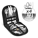 [23-teiliges 4 Personen] Camping Geschirr Set – Besteckset mit Edelstahl Gabeln, Messer und Löffel. Inklusive Bestecktasche – Tragbares Besteck für Outdoor, Picknick und Grillen. (Enthält 4 Teelöffel)