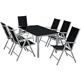 tectake® Sitzgarnitur Aluminium Klappstühle, Lounge Set mit 6X Stühle und 1x Glastisch Esstisch, Gartenmöbel Set wetterfest für den Balkon, Gartenstühle, Terrassenmöbel, Liegestuhl - Silber