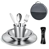 Campingbesteck Set für 1 Person – Camping Geschirr Set mit Edelstahl Besteckset, Teller, Schale und Gläser. Inklusive Bestecktasche. Tragbares Geschirrset für Outdoor, Picknick, und Grillen. [8 Stück]