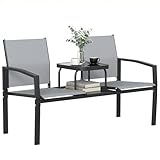 Outsunny 2-Sitzer Gartenbank Sitzbank mit Rücken- & Armlehnen, 2-stufigem Glastisch Parkbank 240kg belast, Gartenmöbel für Balkon, Garten, 135 x 67 x 81 cm, Grau