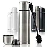 Edelstahl Thermosflasche mit Becher & Bürste; Thermoskanne Doppelwandige Isolierkanne; Auslaufsicher, Spülmaschinenfest & BPA-frei + Reinigungsbürste; hält Getränke heiß & kalt (Silber - 500 ml)