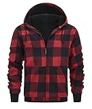 onedog Kariertes Fleecejacke Herren Hoodie Kapuzenpullover für Herren Full Zip Sherpa Fleece Kapuzenjacke Herren Winterjacke Fleece Jacke Outdoor Freizeitjacke für doppelte Wärmeschicht(Rot-2XL)